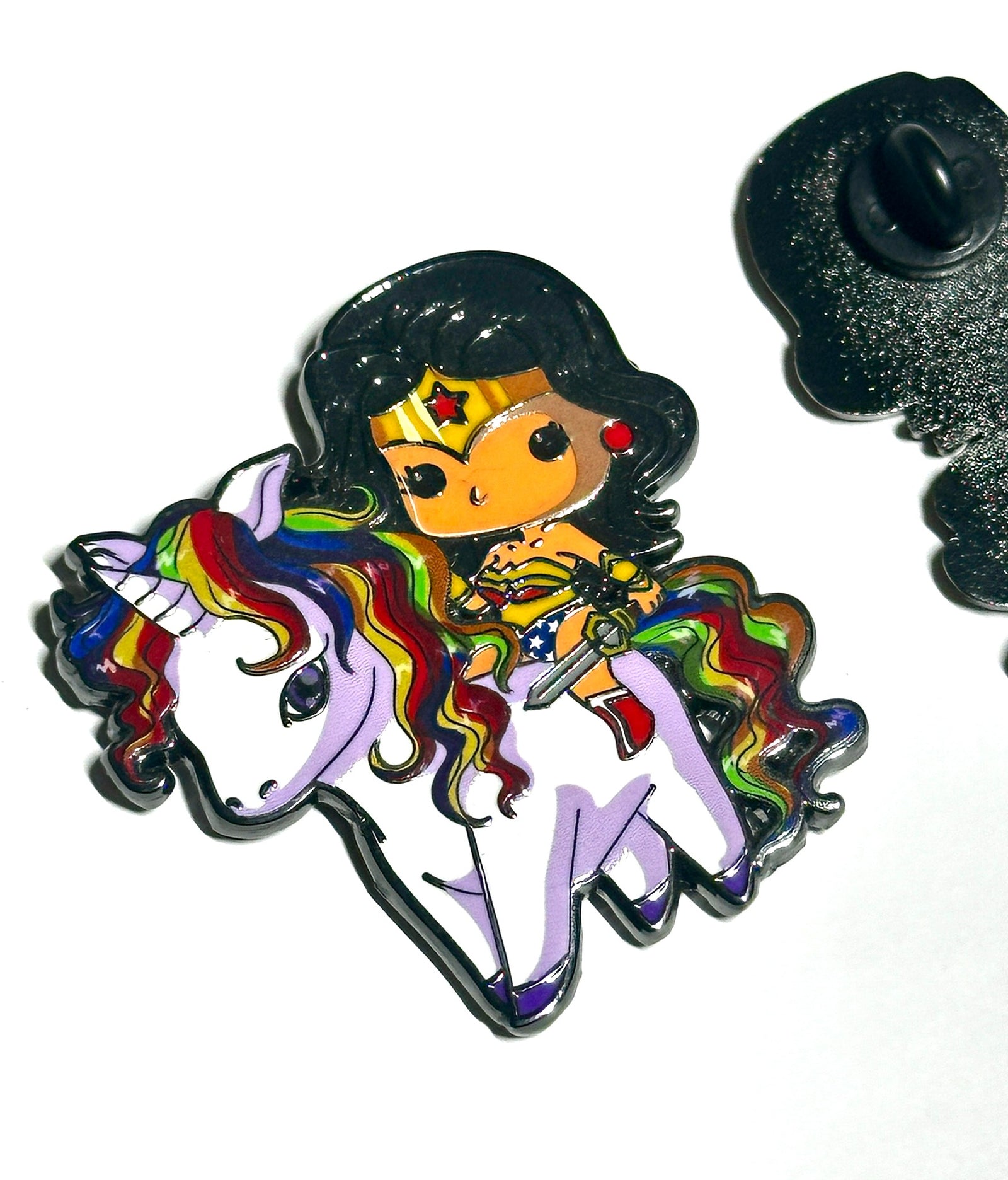 Rainbow unicorn sword heroine enamel pin angled view