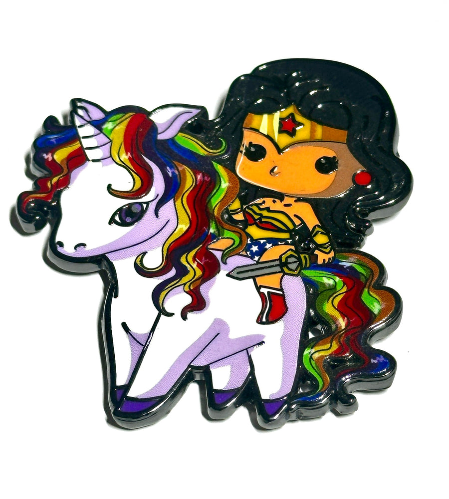 Rainbow unicorn warrior heroine enamel pin front view