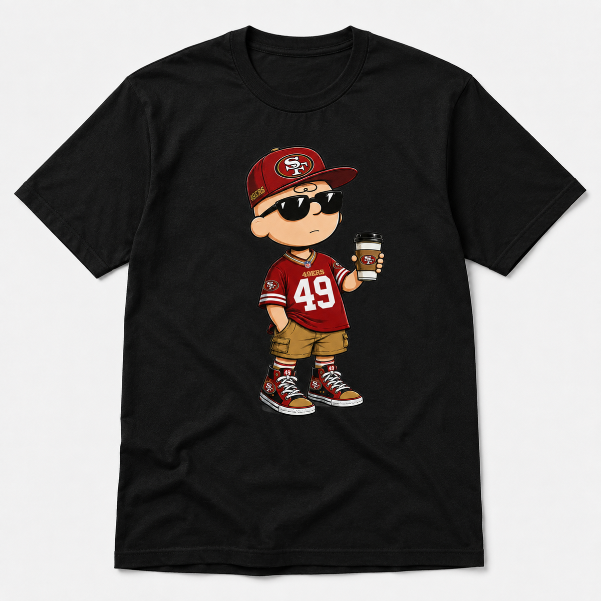 Red and gold football coffee fan graphic on black T-shirt