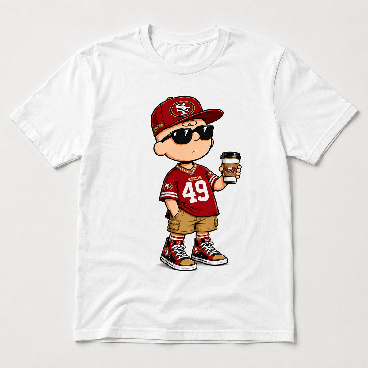 Red and gold football coffee fan graphic on white T-shirt