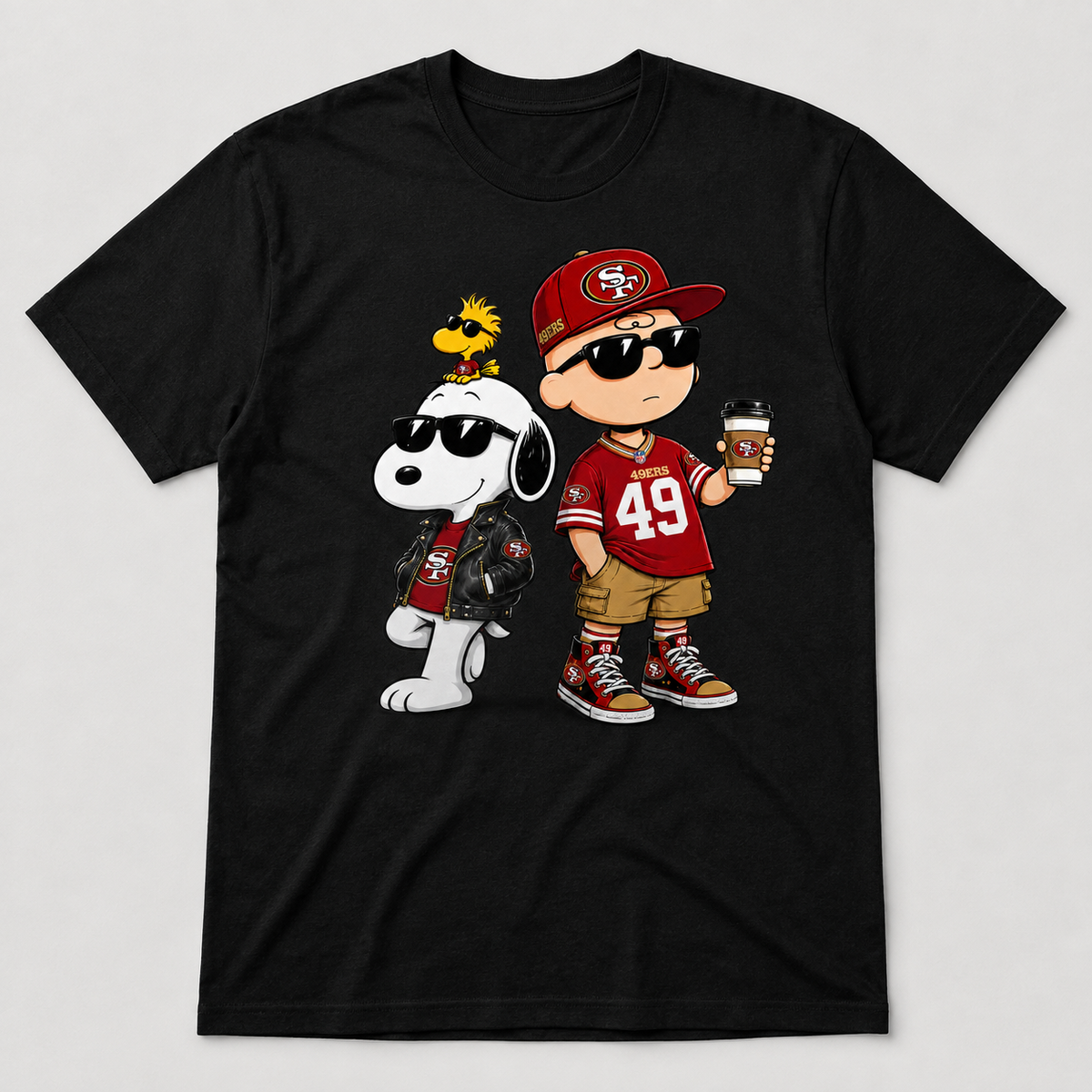 Red and gold football fan duo graphic on black T-shirt