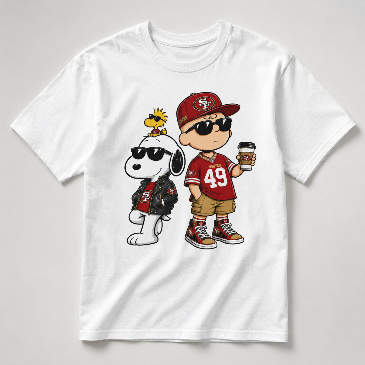 Red and gold football fan duo graphic on white T-shirt
