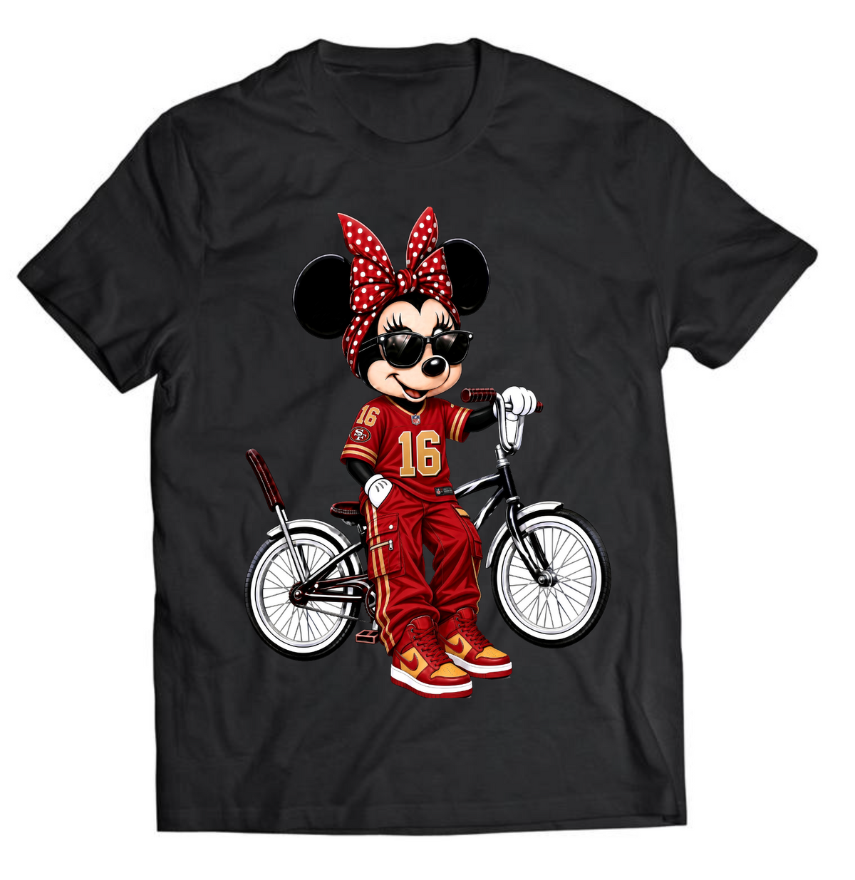 Black graphic T-shirt featuring a cartoon mouse in a red and gold football outfit with a polka dot bow and lowrider bicycle
