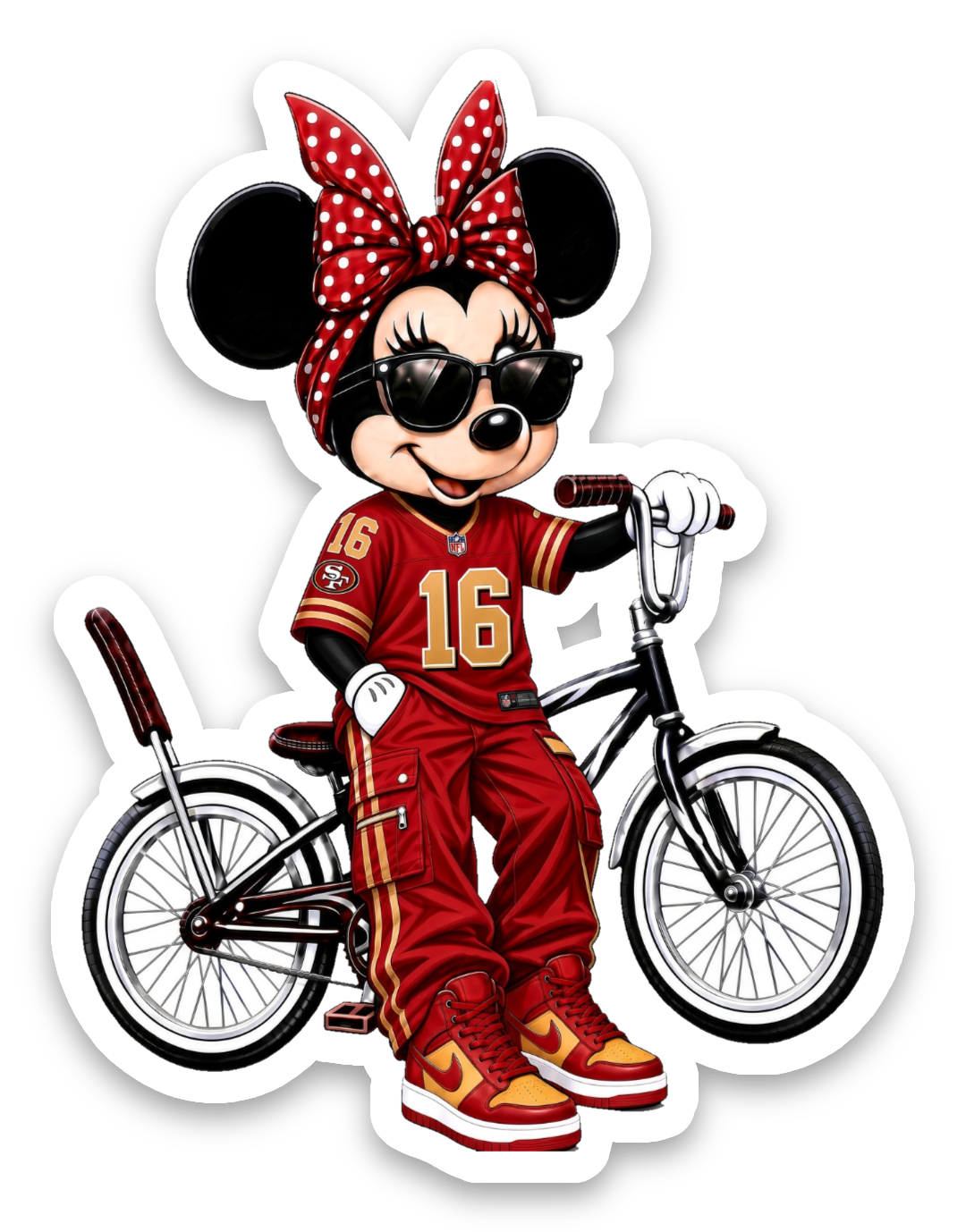Die-cut sticker of a cartoon mouse with a red polka dot bow, red and gold football outfit, sunglasses and a lowrider bicycle