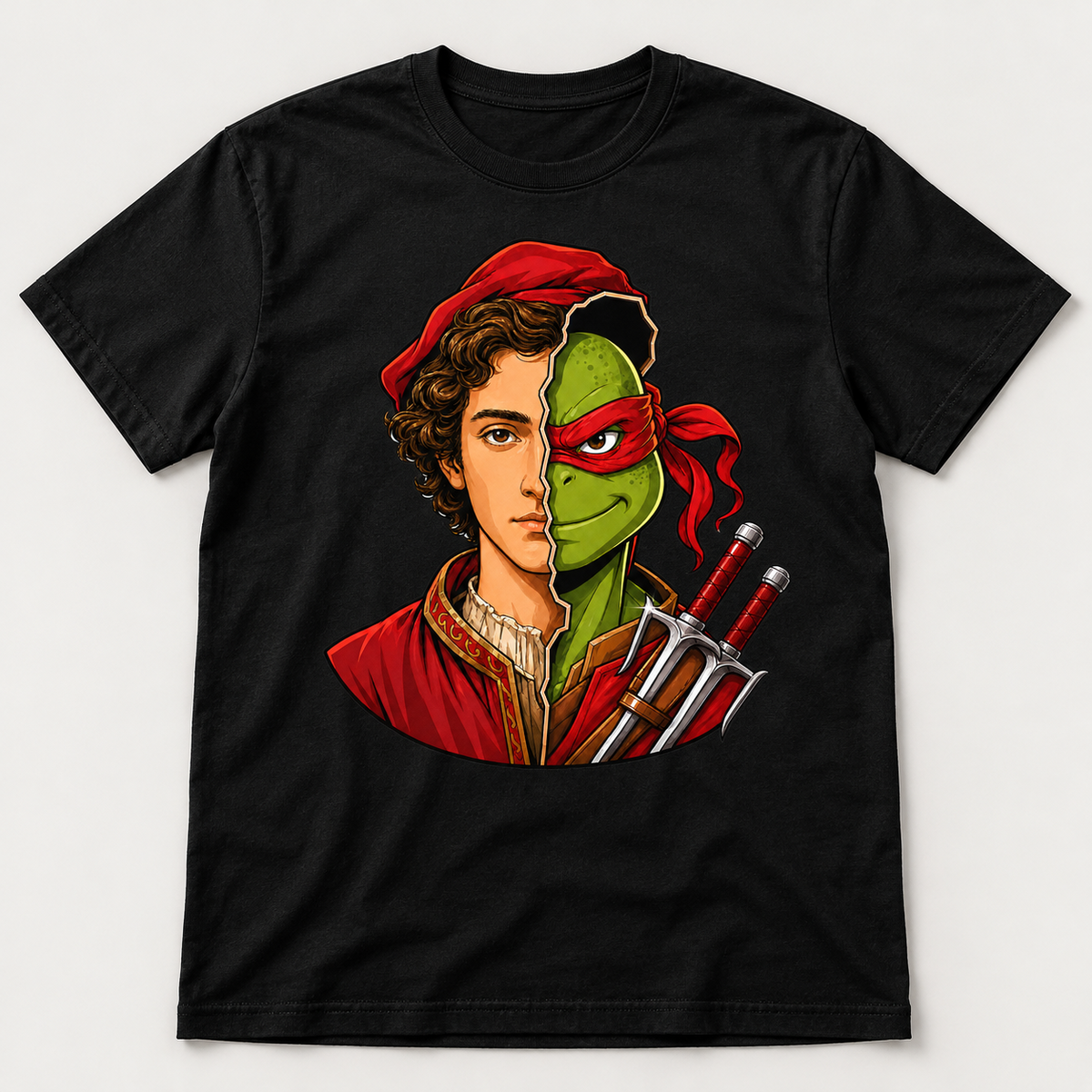 Black graphic T-shirt featuring a red-bandana ninja and youthful Renaissance painter split face with two silver sai weapons