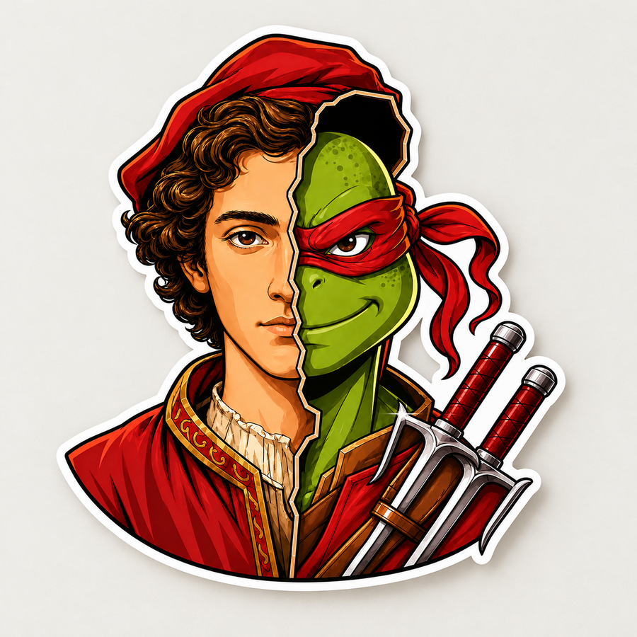 Matte die-cut vinyl sticker showing a red-masked ninja and red-robed Renaissance portrait split by a jagged seam with twin sai