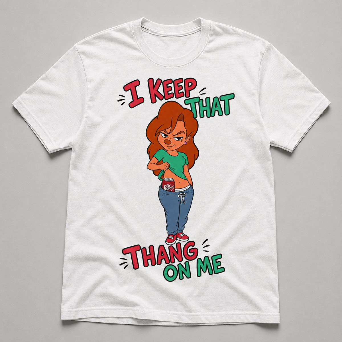 White graphic T-shirt with confident cartoon woman revealing a dark cherry soda can