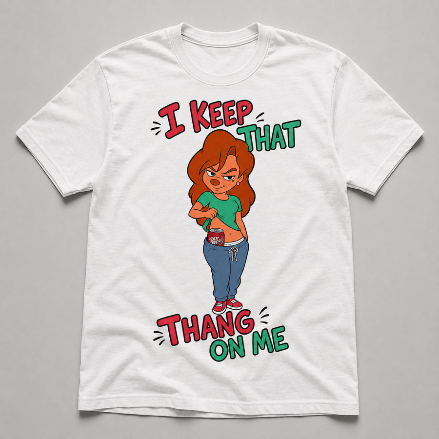 White graphic T-shirt with confident cartoon woman revealing a dark cherry soda can