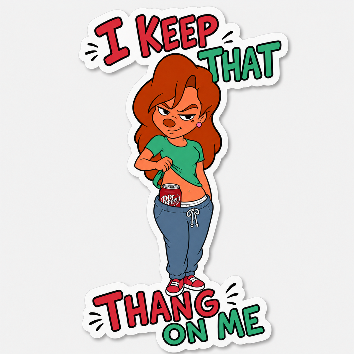 Four-inch vinyl sticker of confident cartoon woman revealing a dark cherry soda can