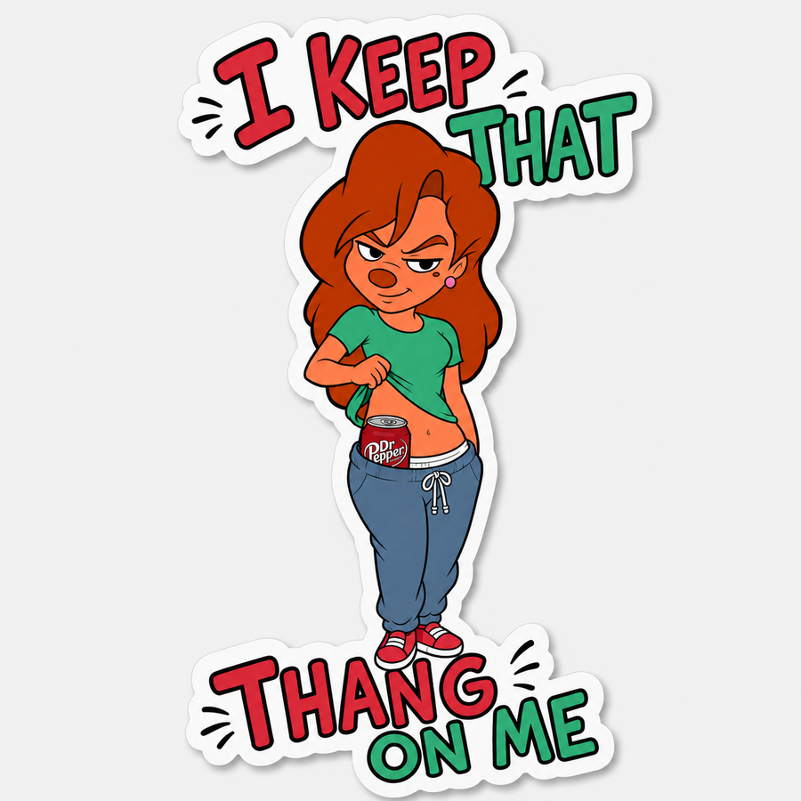 Four-inch vinyl sticker of confident cartoon woman revealing a dark cherry soda can