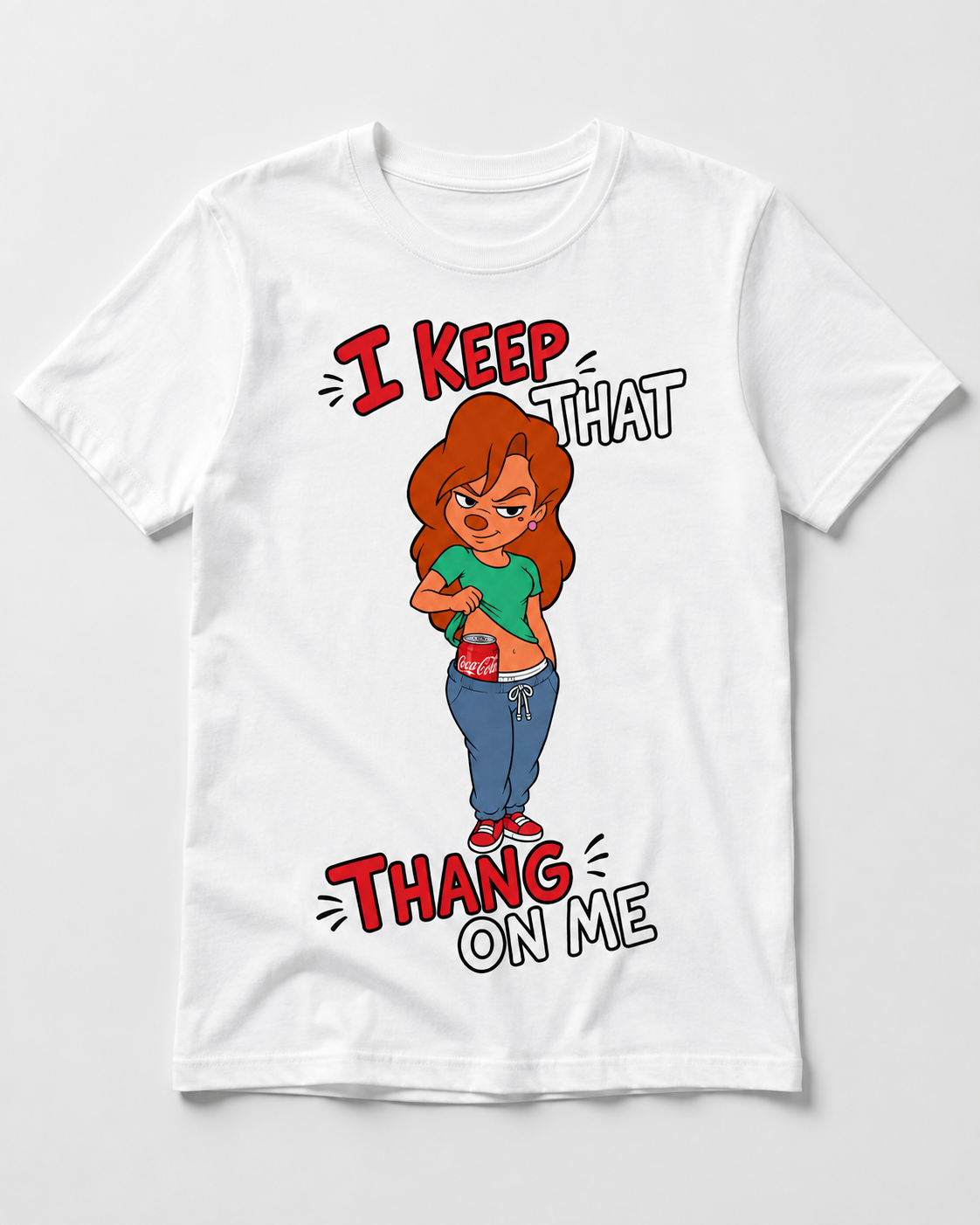 White graphic T-shirt with confident cartoon woman revealing a classic red soda can