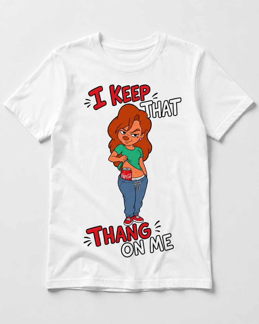 White graphic T-shirt with confident cartoon woman revealing a classic red soda can