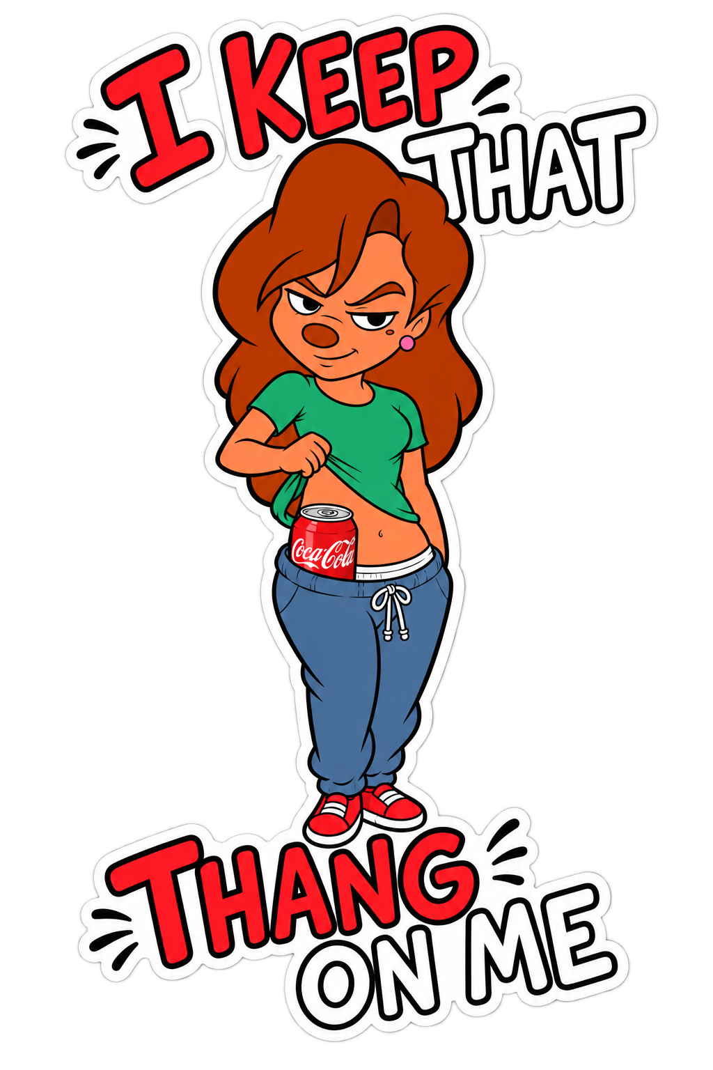 Four-inch vinyl sticker of confident cartoon woman revealing a classic red soda can
