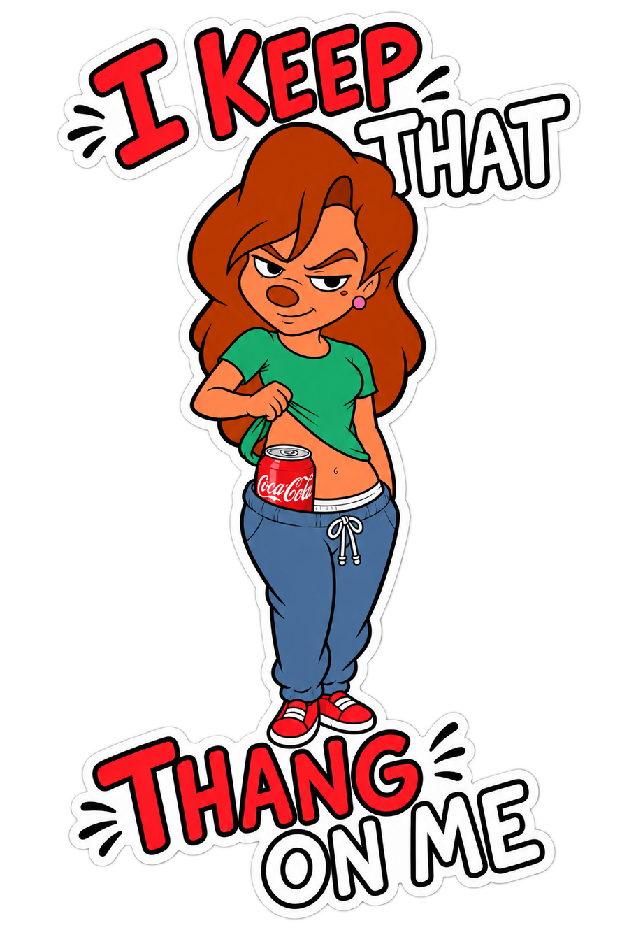 Four-inch vinyl sticker of confident cartoon woman revealing a classic red soda can