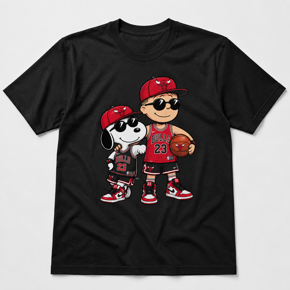 Retro red and black basketball fan duo graphic on black T-shirt