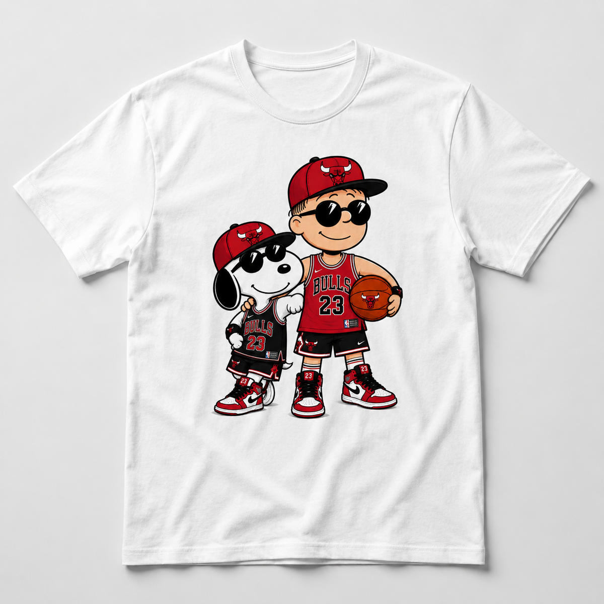 Retro red and black basketball fan duo graphic on white T-shirt