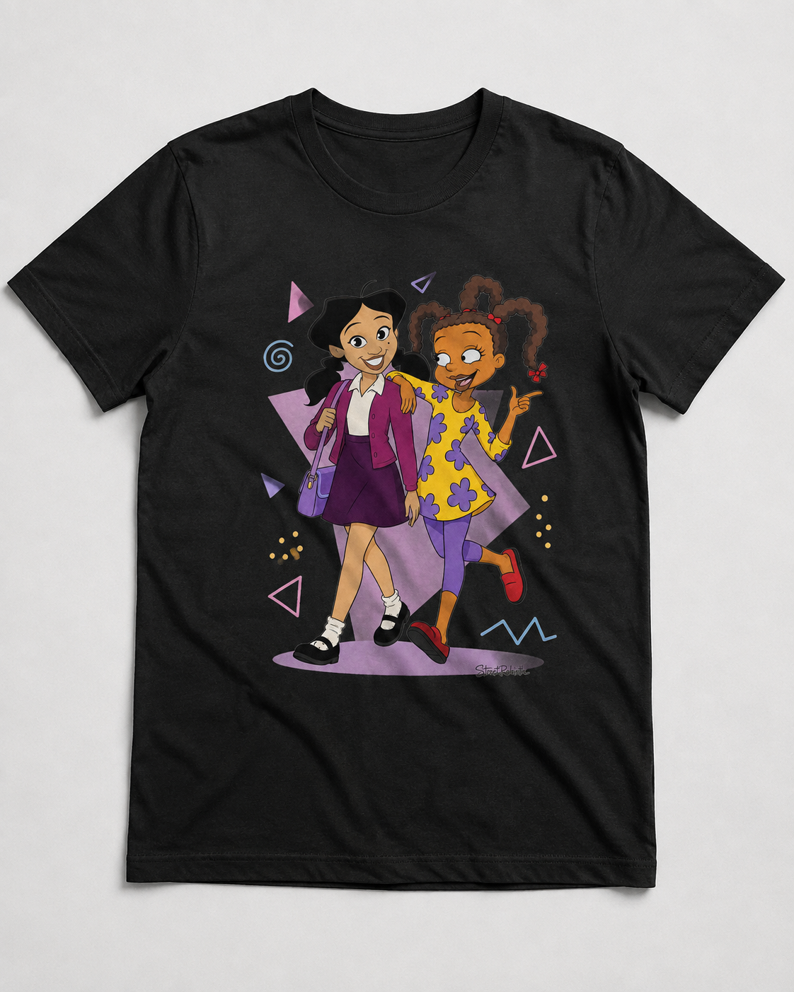 Retro best friends cartoon friendship graphic on black t-shirt