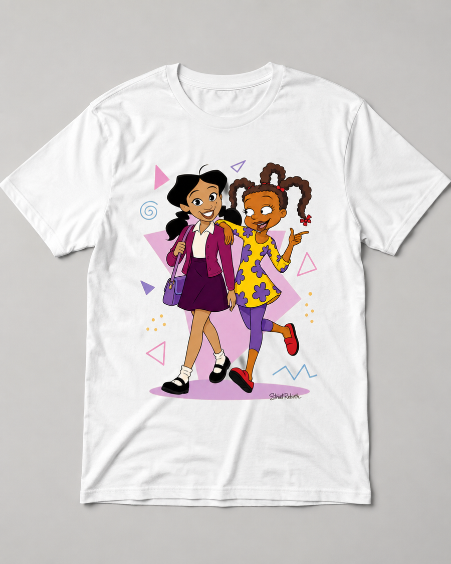 Retro best friends cartoon friendship graphic on white t-shirt