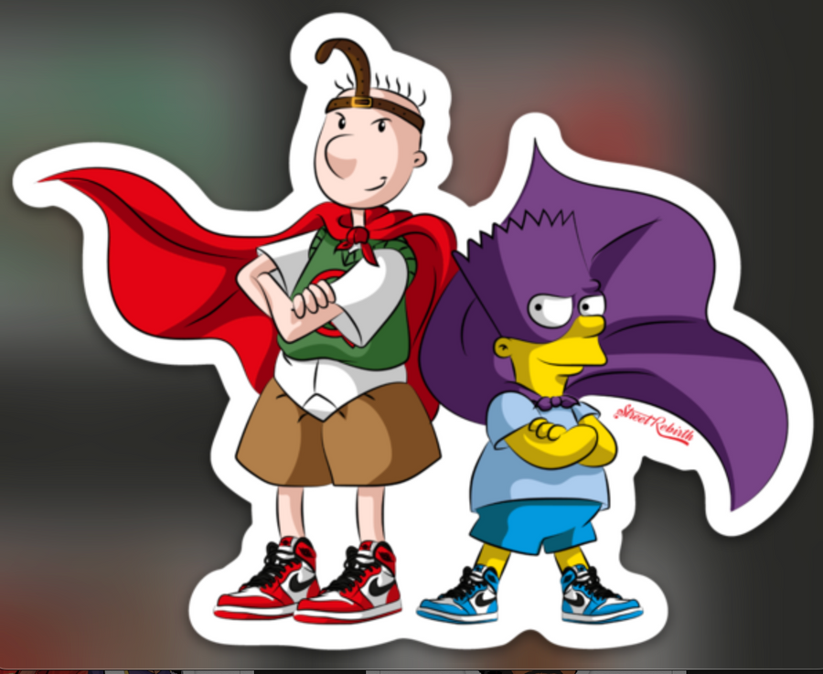 Retro cartoon duo sticker with caped hero and purple-haired character