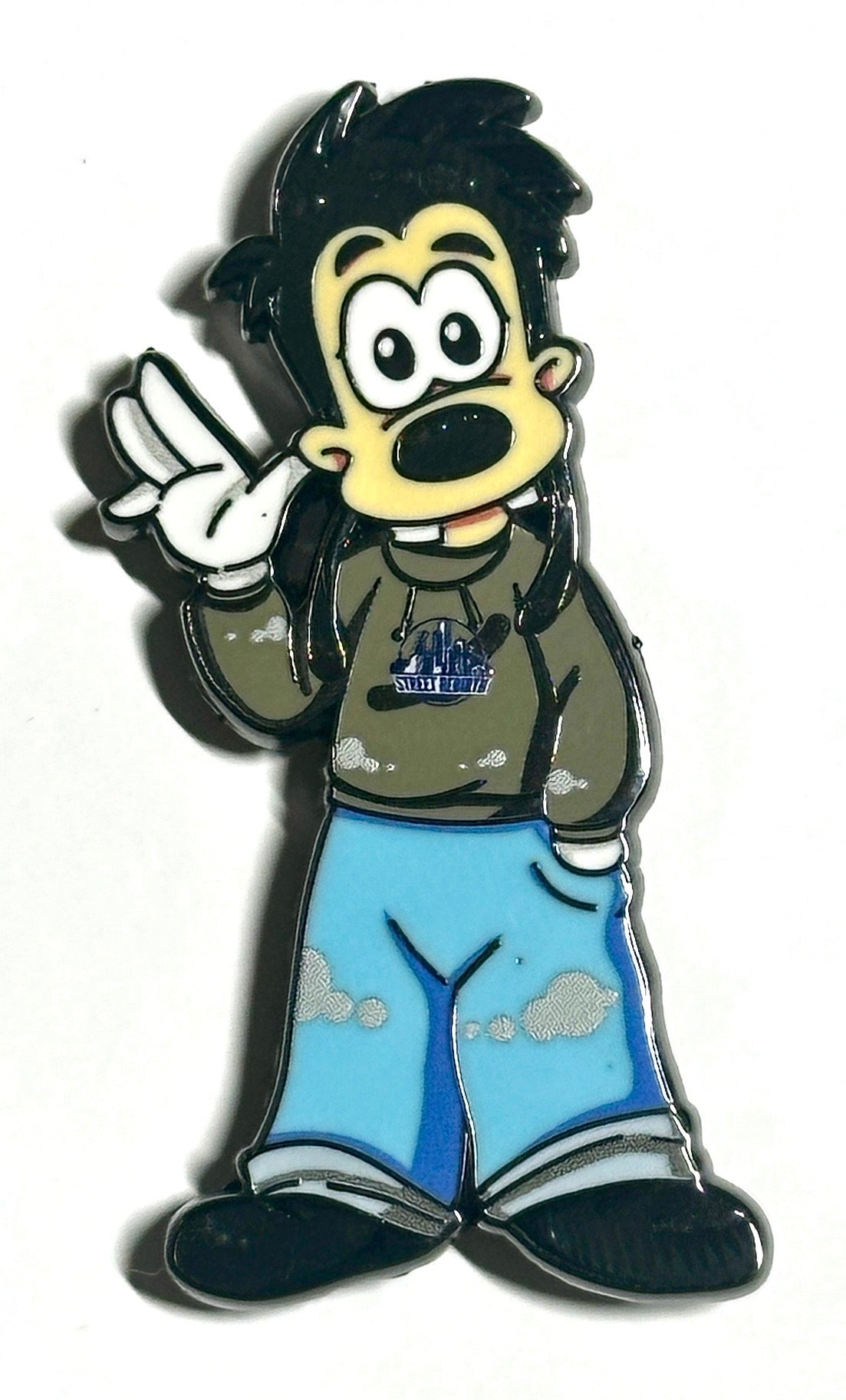 Retro cartoon hoodie character enamel pin giving a peace sign