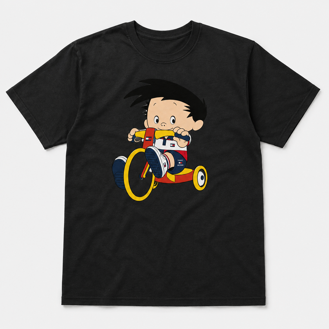 Black graphic T-shirt with retro cartoon child riding a colorful tricycle illustration