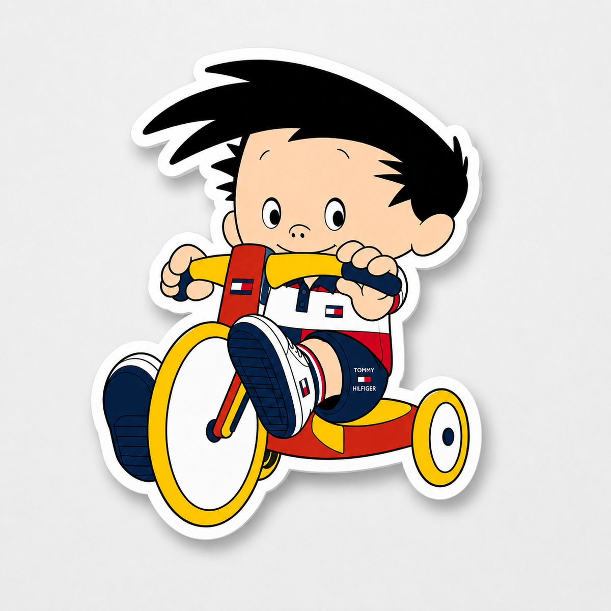 Retro cartoon child riding a colorful tricycle matte vinyl sticker mockup