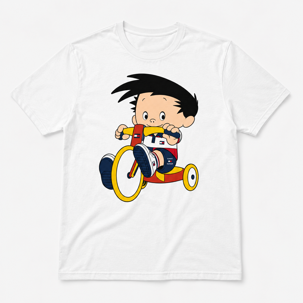 White graphic T-shirt with retro cartoon child riding a colorful tricycle illustration