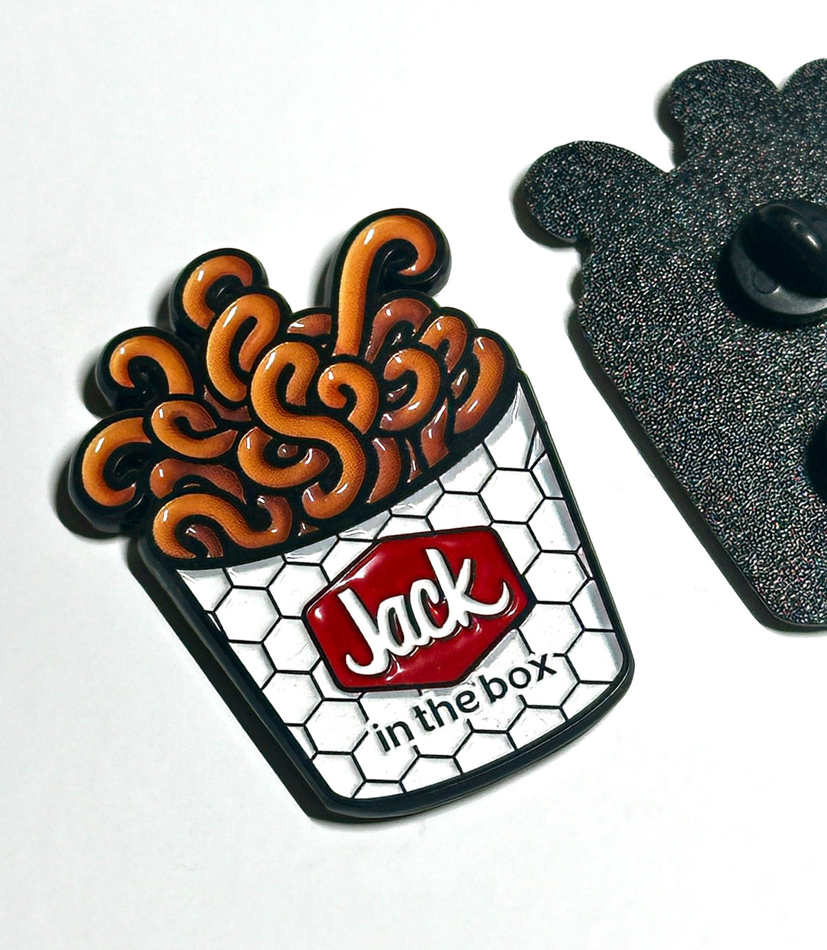 retro fast food curly fries enamel pin angled view
