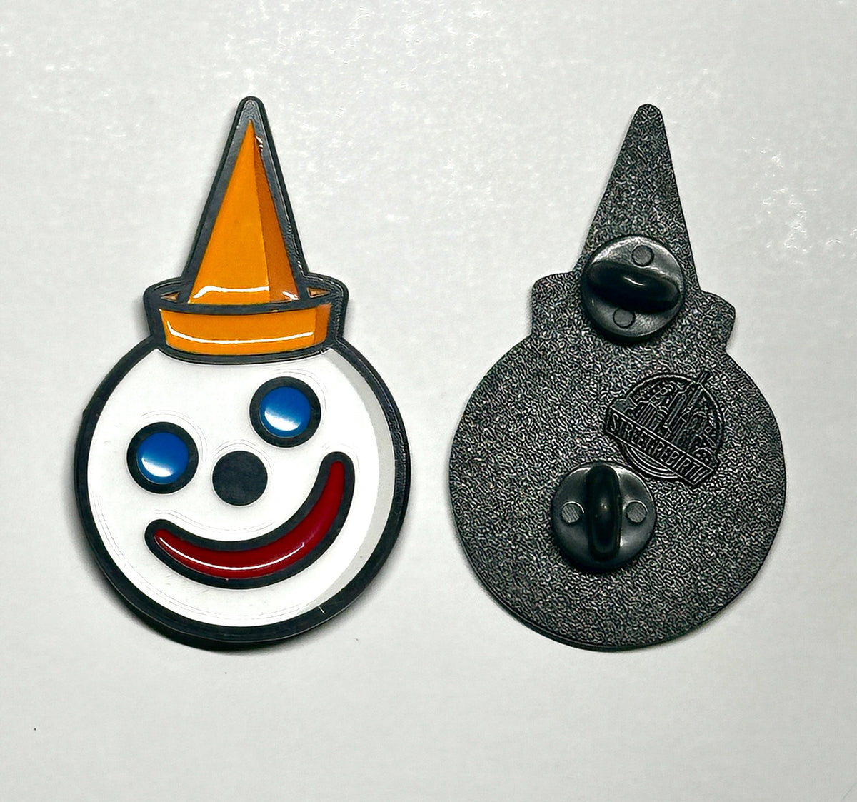 retro fast food mascot enamel pin front and back view