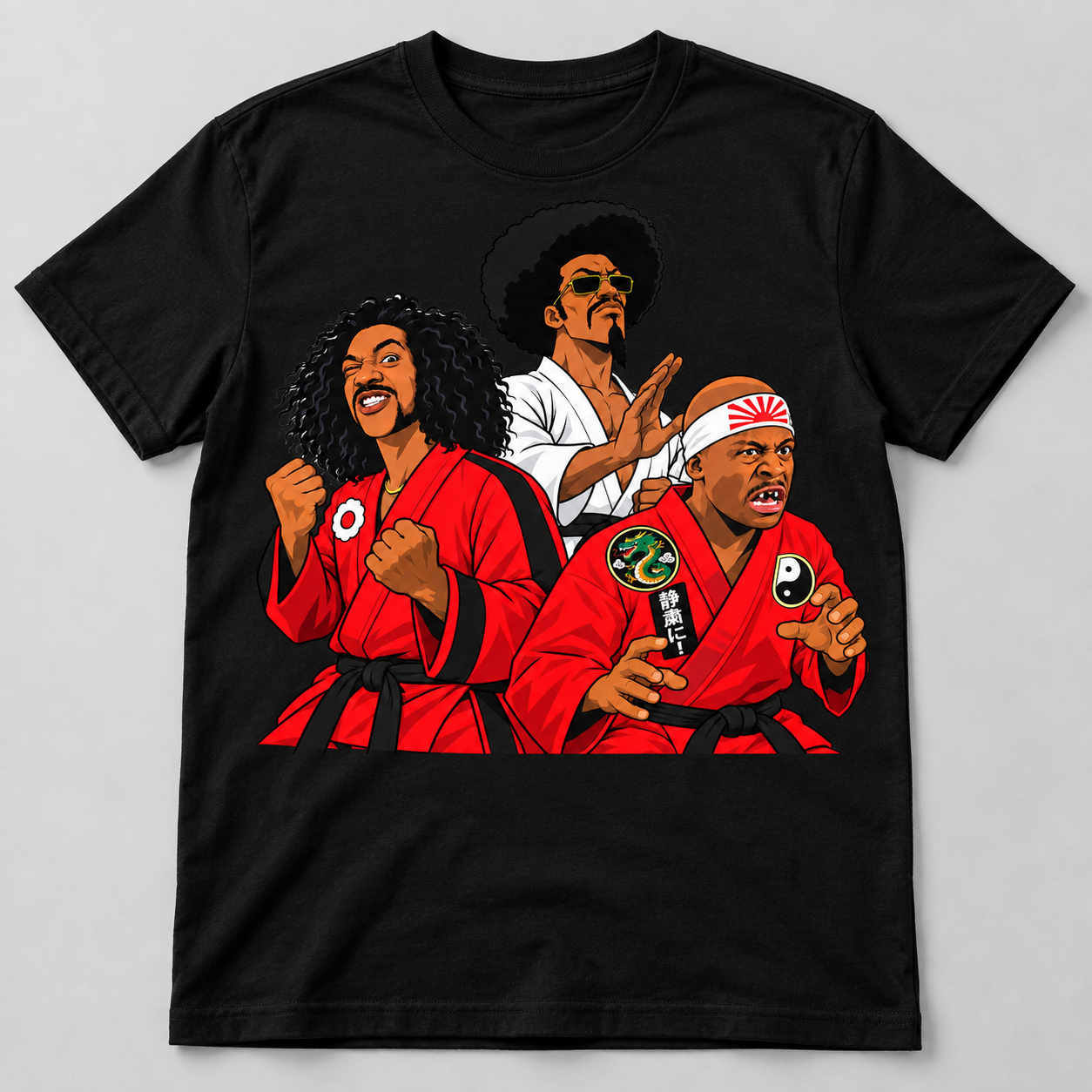 Black graphic T-shirt with retro martial arts comedy trio illustration in red and white uniforms