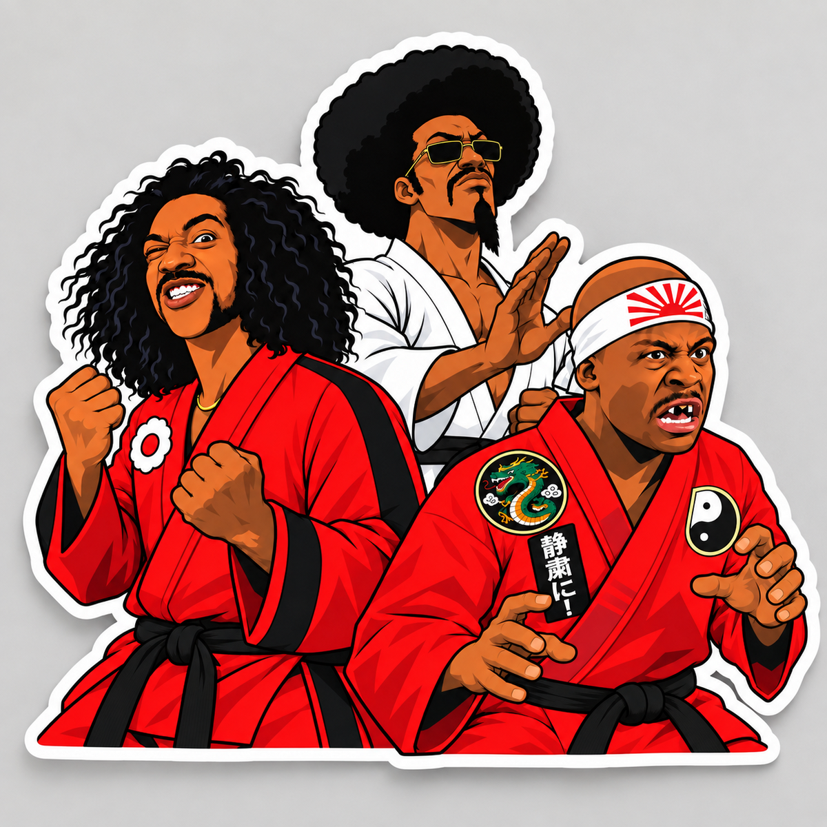 Retro martial arts comedy trio 4 inch matte vinyl sticker with red and white dojo outfits