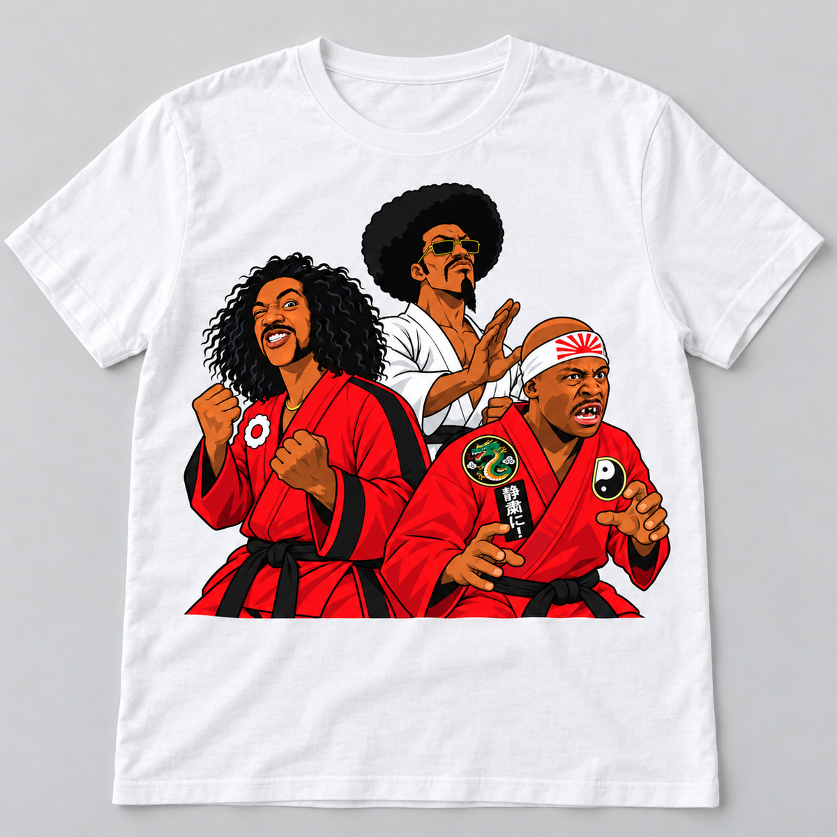 White graphic T-shirt with retro martial arts comedy trio illustration in red and white uniforms