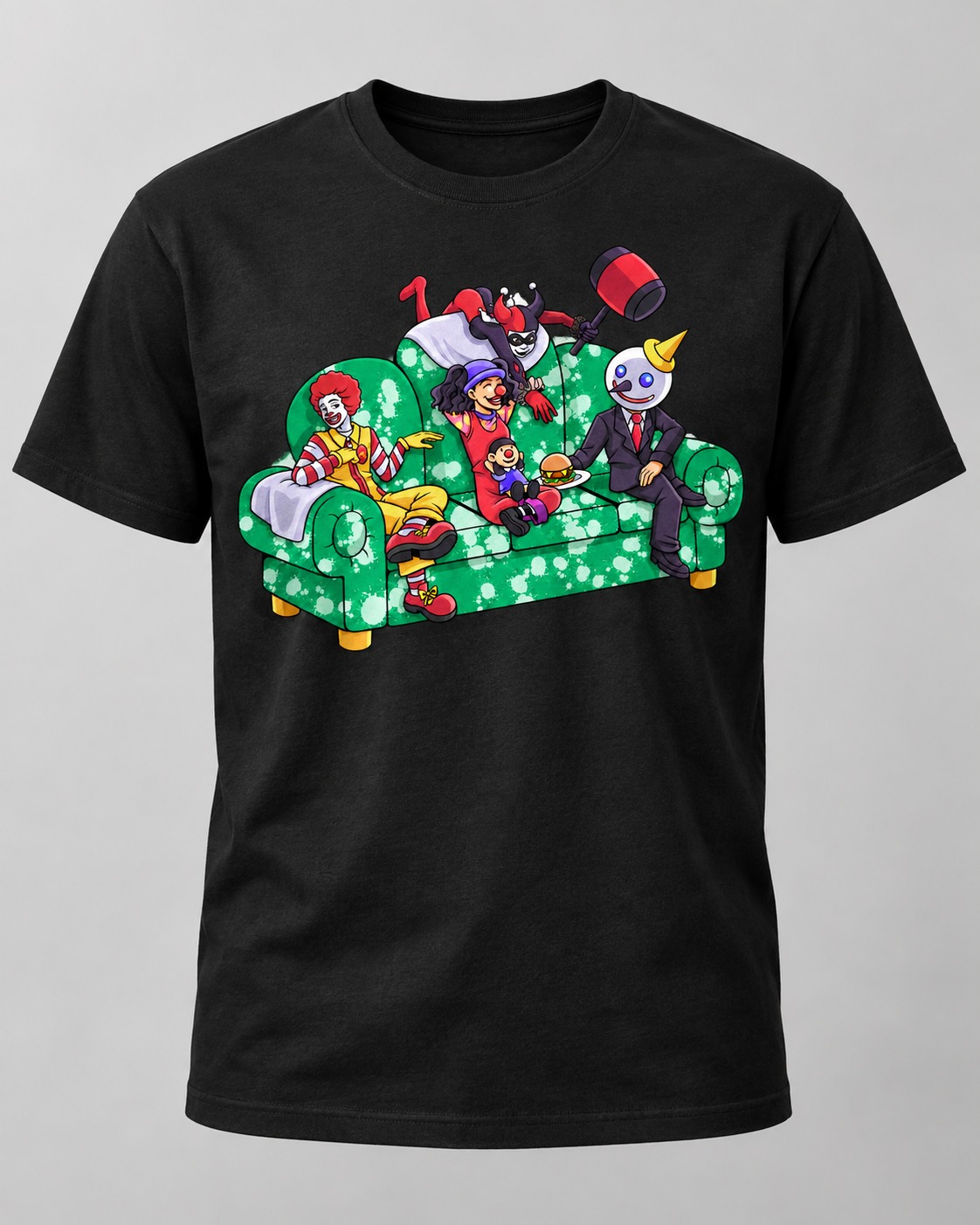 Retro mascot mashup clown couch crew graphic on black T-shirt
