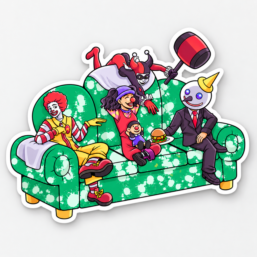 Retro mascot mashup clown couch crew 4 inch matte vinyl sticker