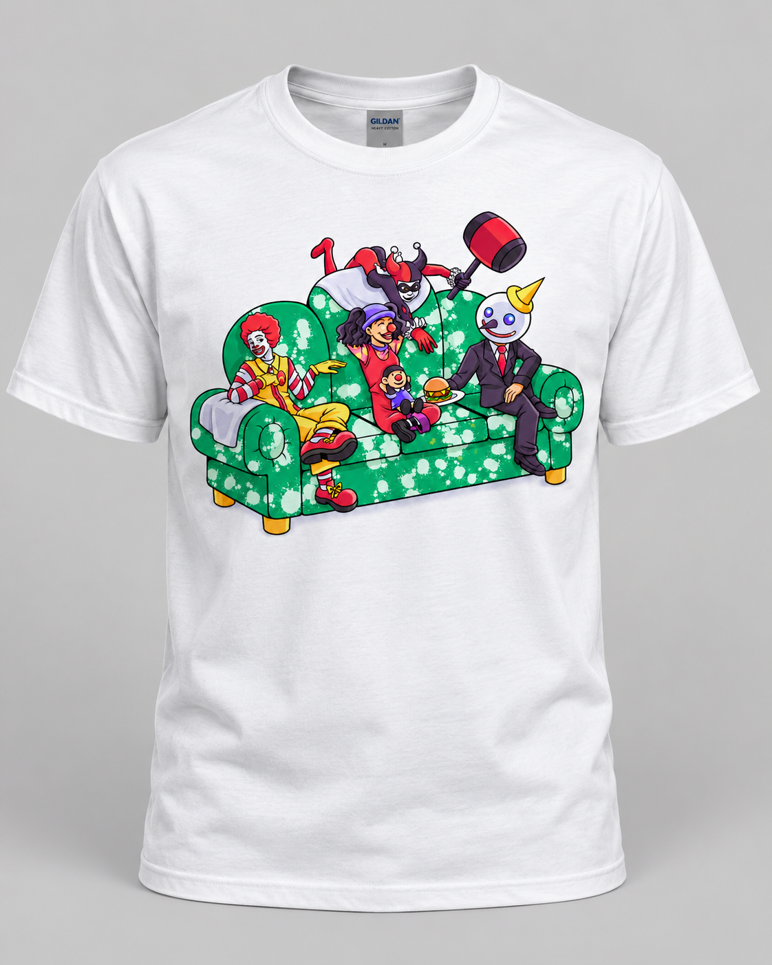 Retro mascot mashup clown couch crew graphic on white T-shirt