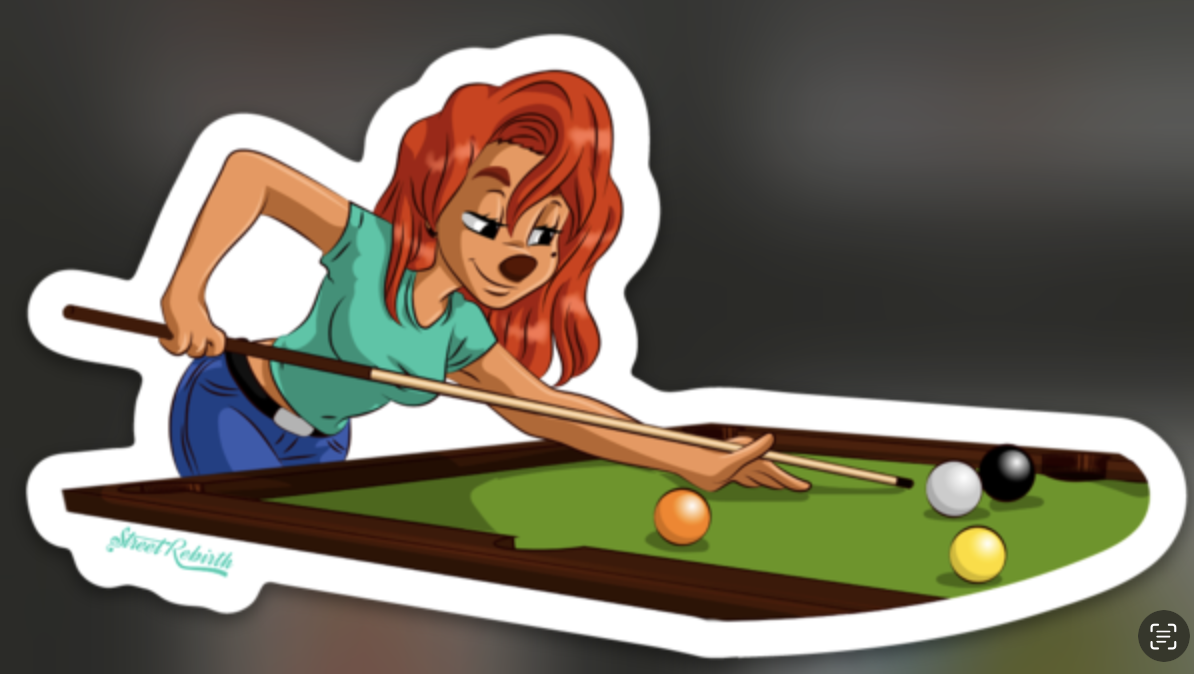 Retro red-haired cartoon girl lining up a billiards shot over green pool table