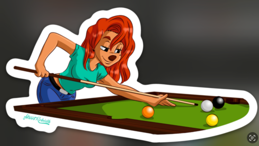 Retro red-haired cartoon girl lining up a billiards shot over green pool table