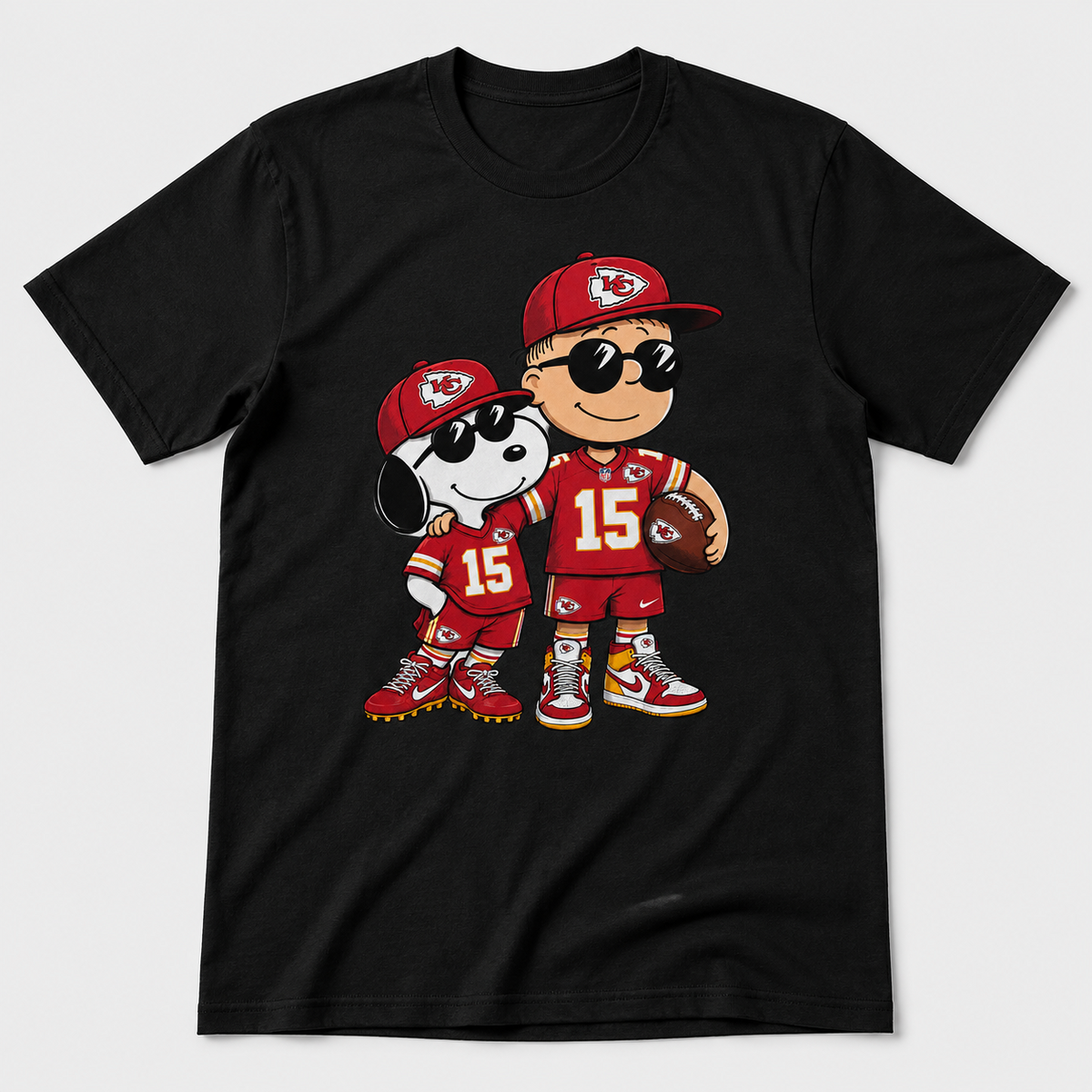 Retro red and gold football fan duo graphic on black T-shirt