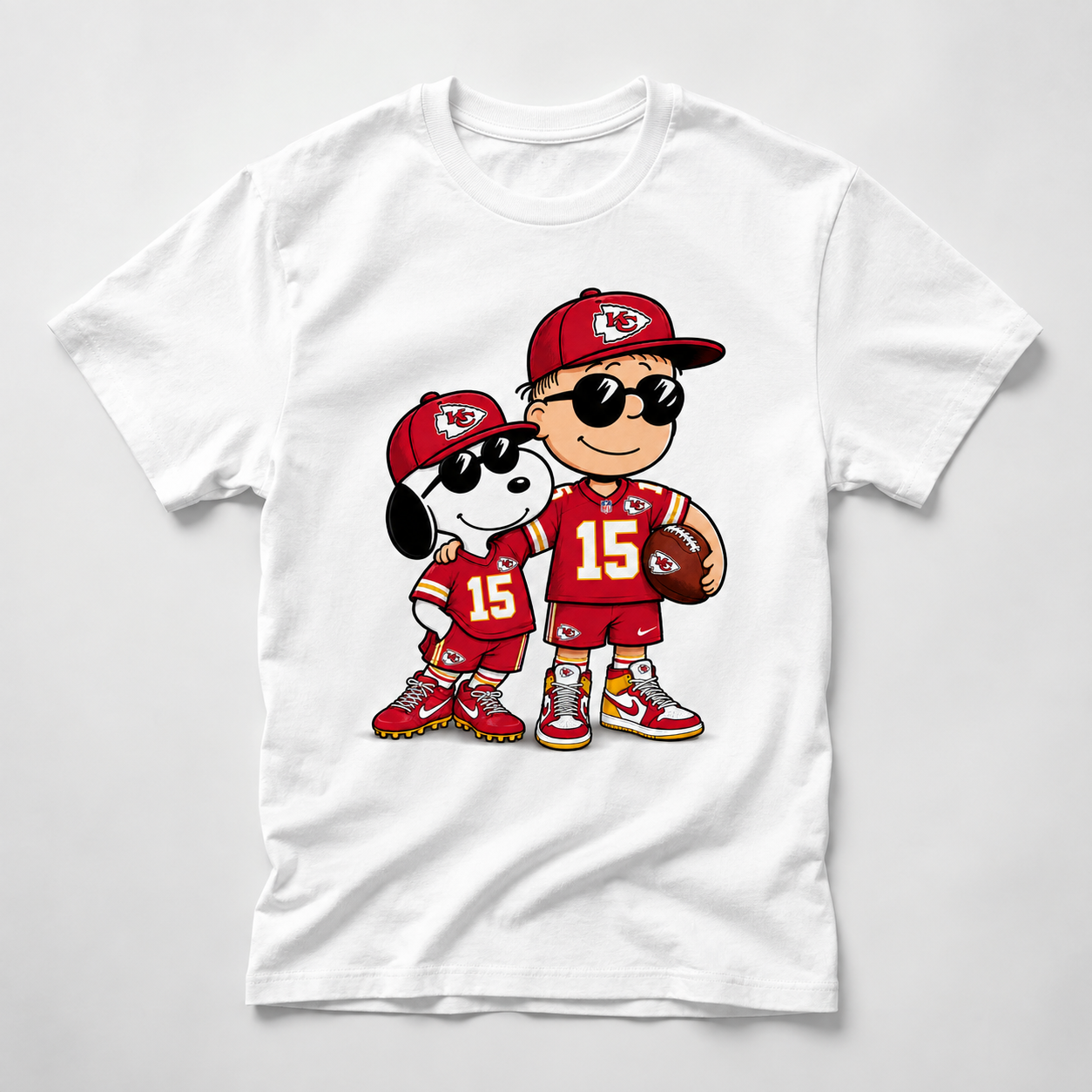 Retro red and gold football fan duo graphic on white T-shirt