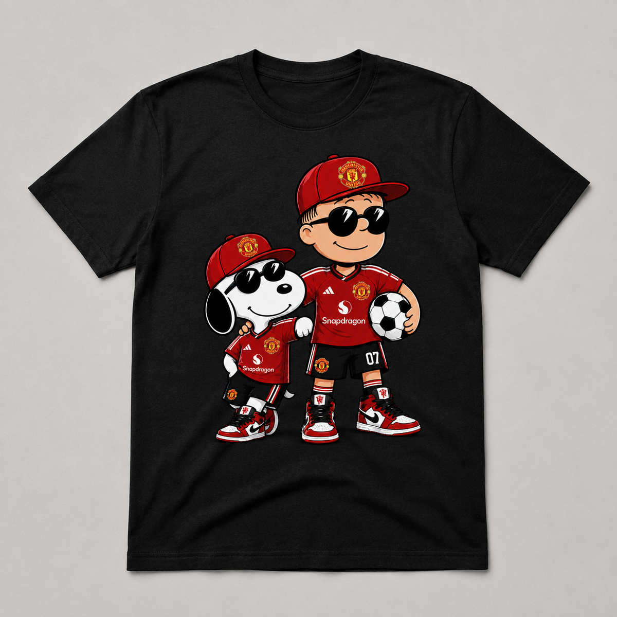 Retro red soccer fan duo graphic on black T-shirt