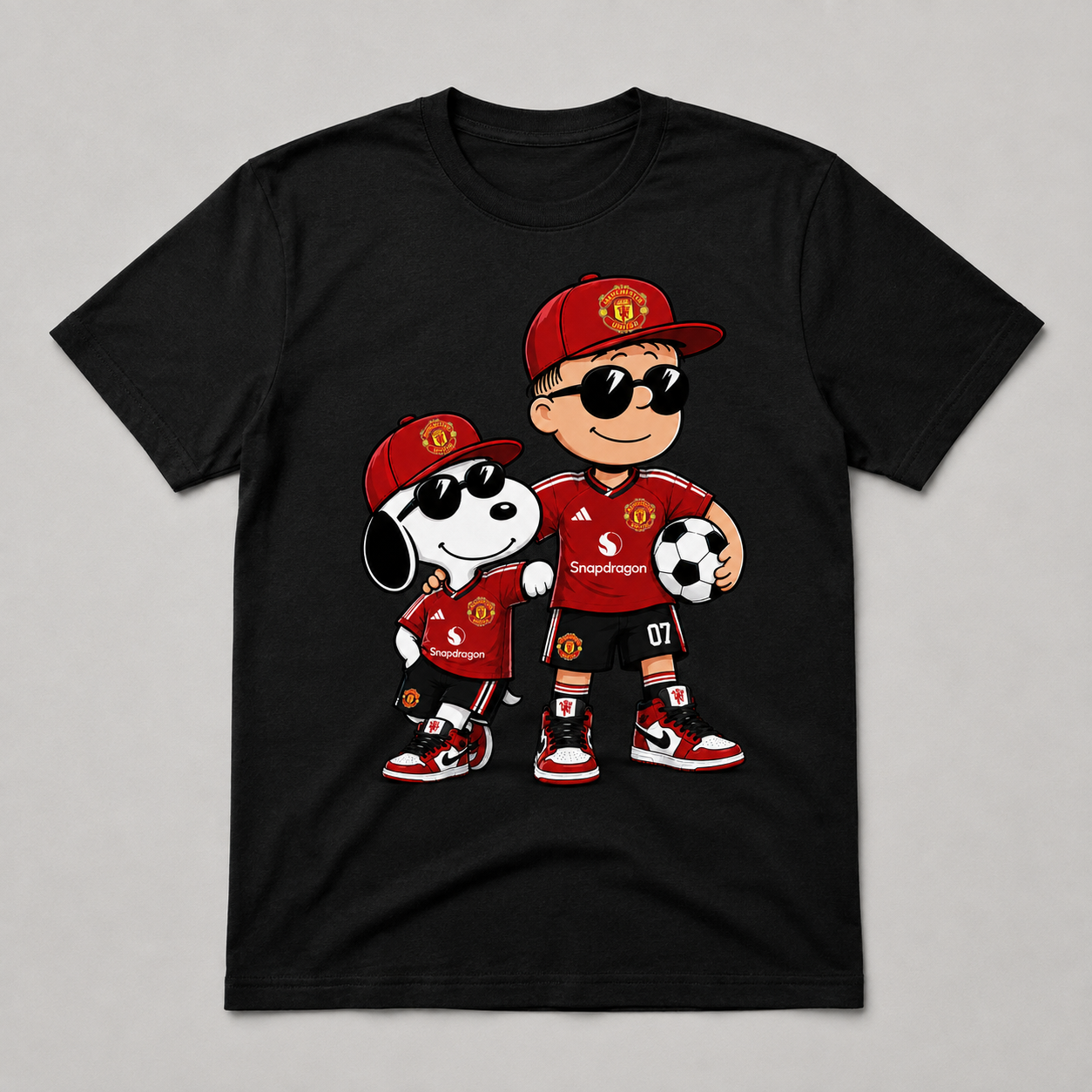 Retro red soccer fan duo graphic on black T-shirt