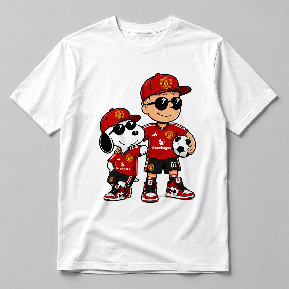 Retro red soccer fan duo graphic on white T-shirt