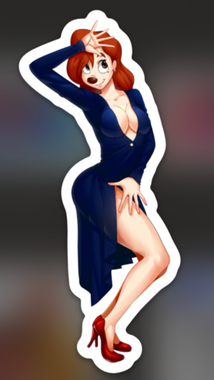 Retro cartoon red-haired pin-up woman posing in deep navy dress with red high heels