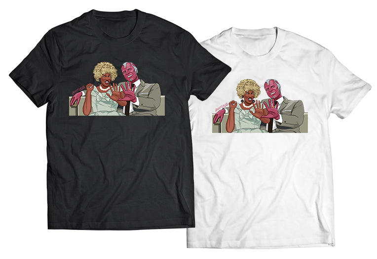 Retro sitcom couple mashup graphic tee shown in black and white