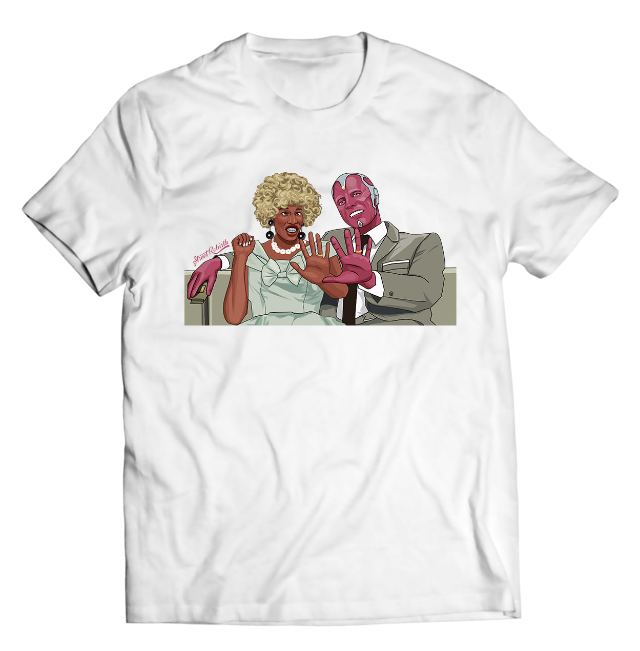 Retro sitcom couple mashup graphic tee in white
