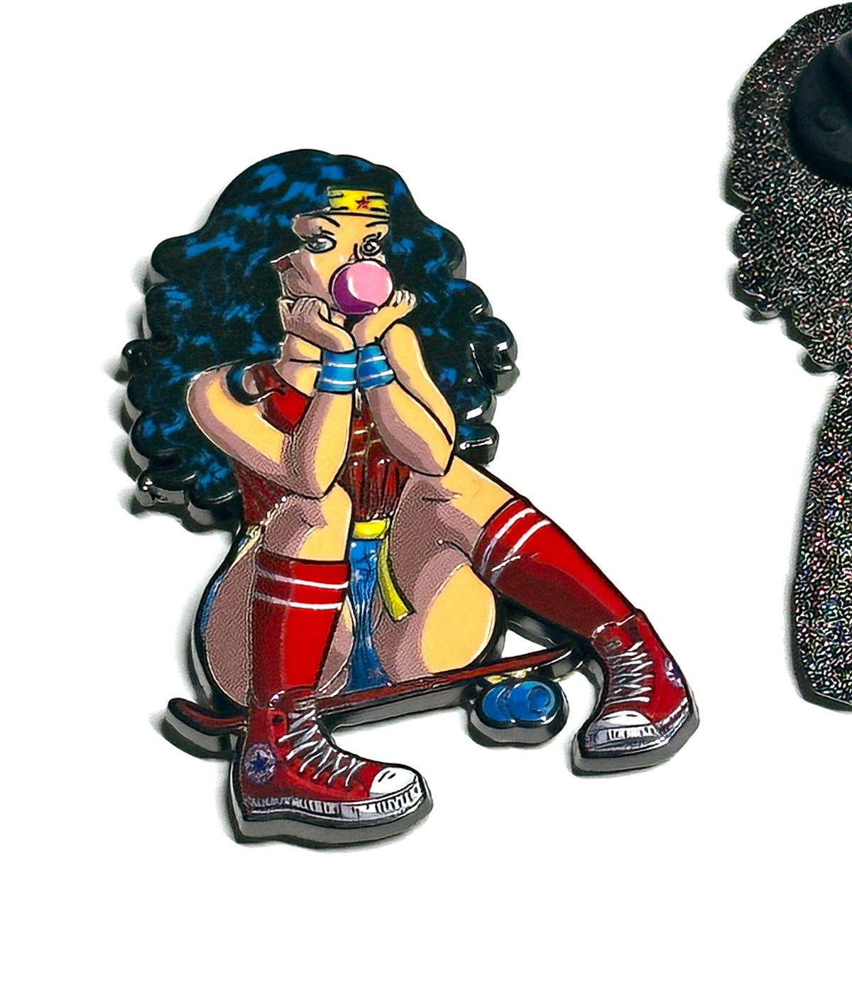 Retro skater girl enamel pin close-up