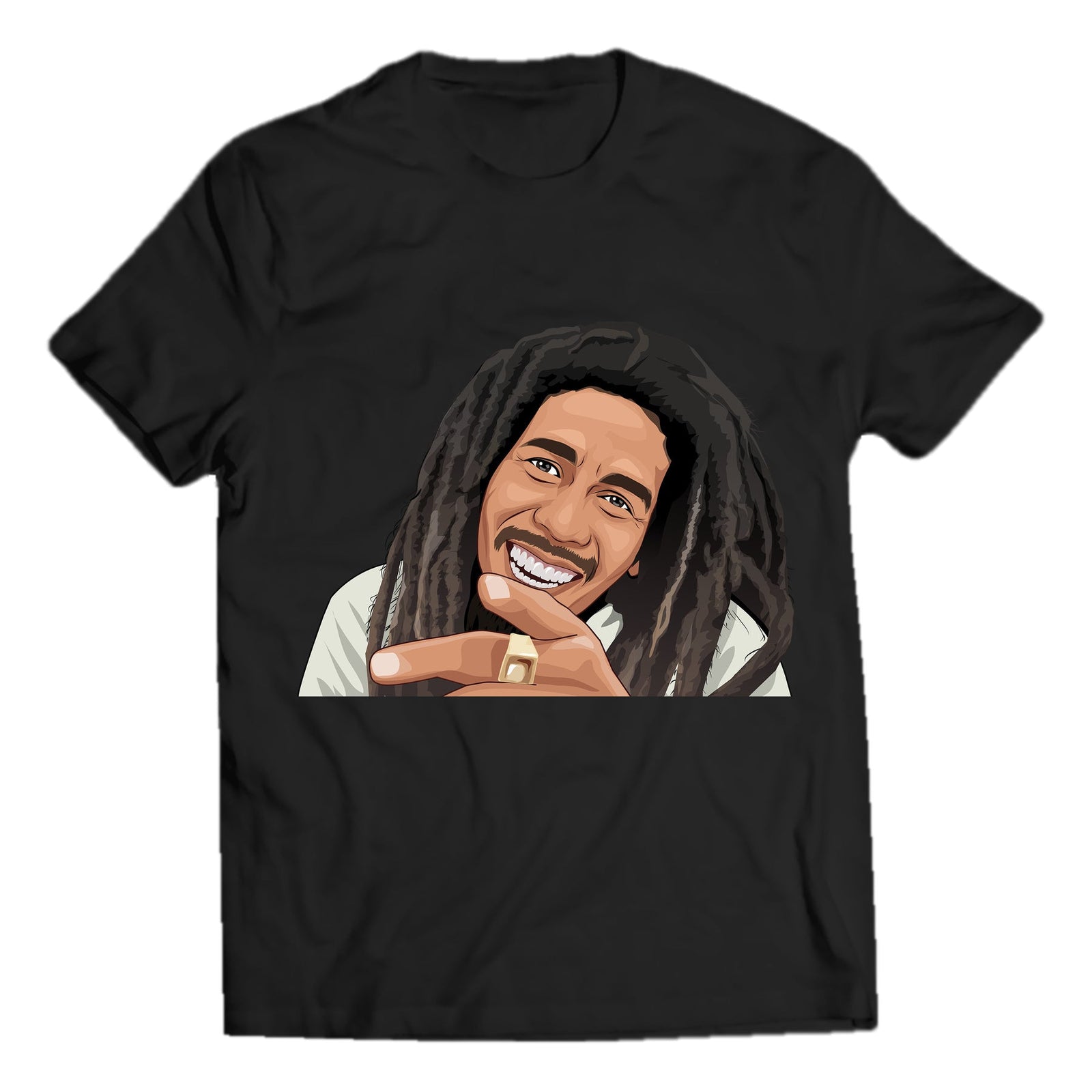 Smiling roots music portrait on black crewneck graphic T-shirt; smooth finished shirt edges