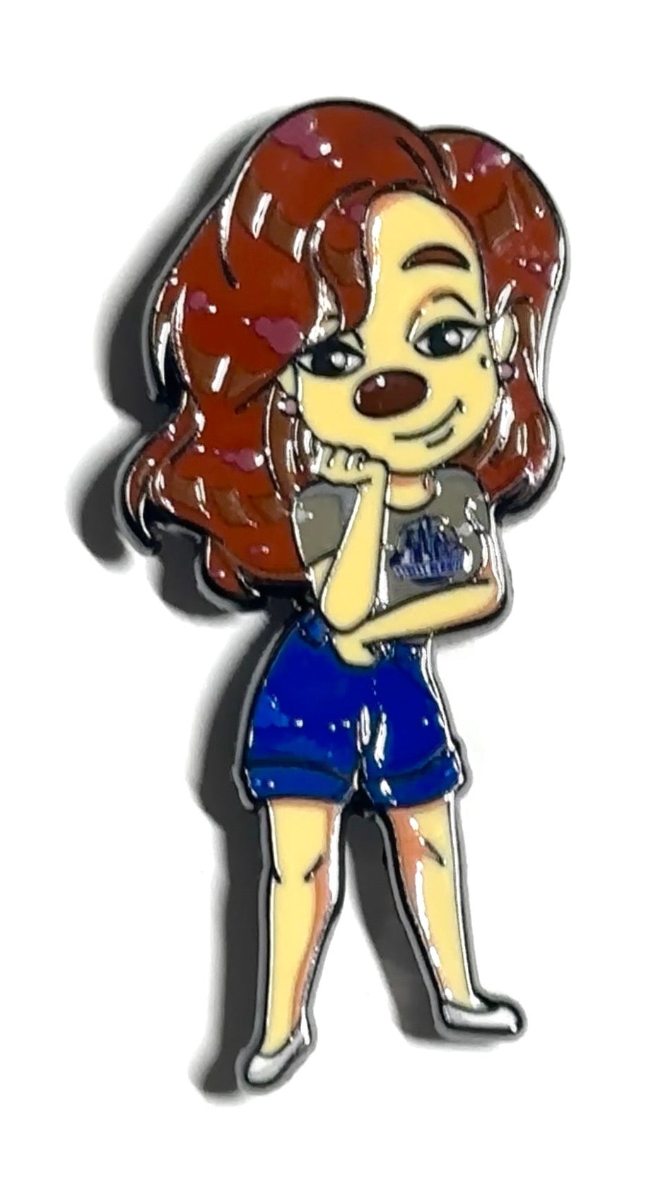 Roxanne red hair enamel pin in gray shirt and blue shorts