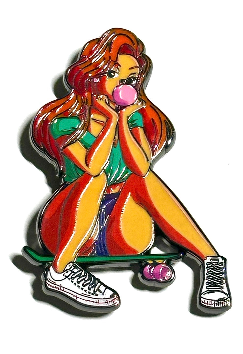 Roxanne bubblegum skateboard enamel pin with red hair and green top