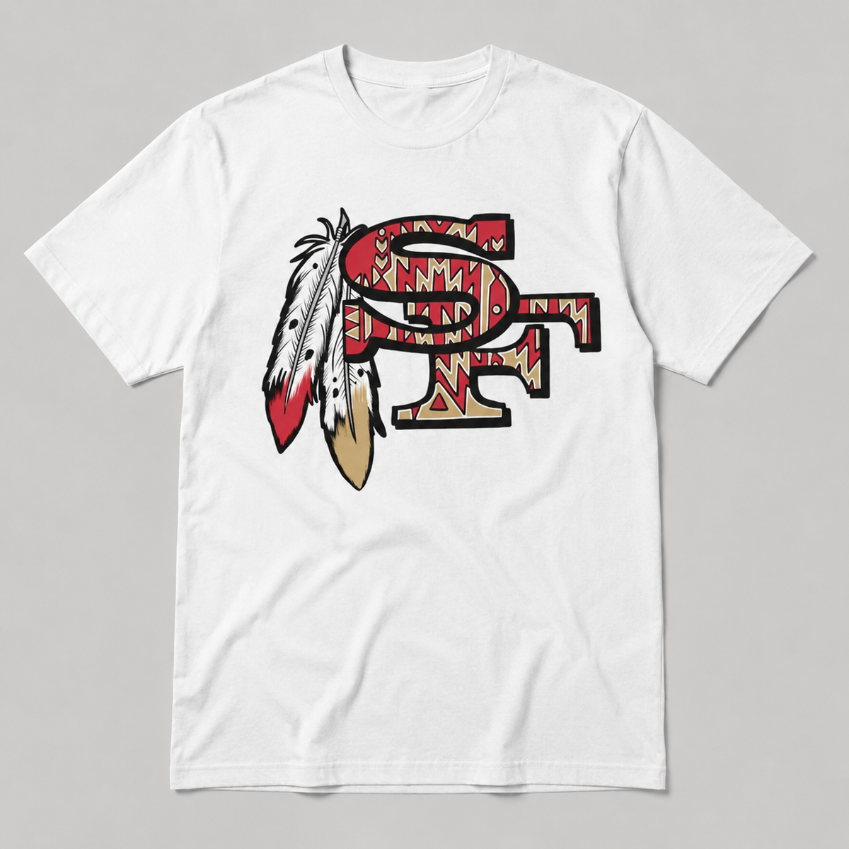 San Francisco football SF feather logo red and gold graphic on white shirt